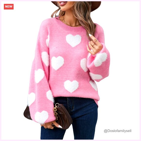 Sweaters - Oversized Heart Print Sweater Knitted Pullover Long Sleeve Valentine's Day Chic